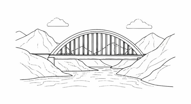 Arch Bridge Illustration Over River Valley.