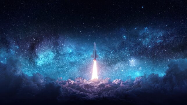 A spaceship was launched into the starry night sky, and dramatic flames illuminated the surrounding clouds. Product release platform.