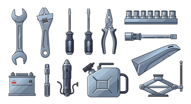 Car Repair Tools Set Wrench Screwdriver Pliers Jack Battery Fuel Can  More.
