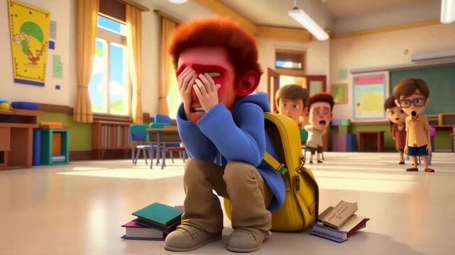 Animated schoolboy experiencing sadness and distress with shocked classmates looking on in a colorful classroom environment