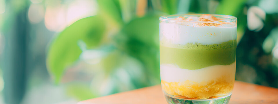 Multi-layered matcha latte with spiced foam topping. Green tea and banana beverage