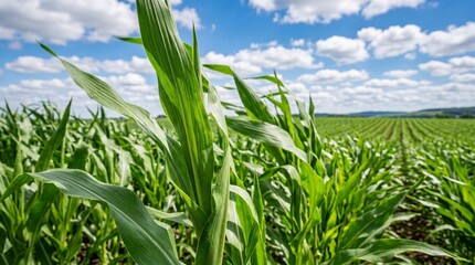 Obraz premium Vast Green Cornfield Under a Bright Blue Sky with Fluffy Clouds.