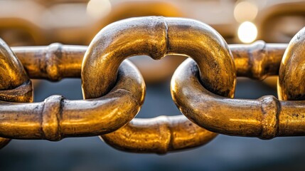Fototapeta premium Close-up of heavy interlocking brass chain links with a rich golden shine and worn texture