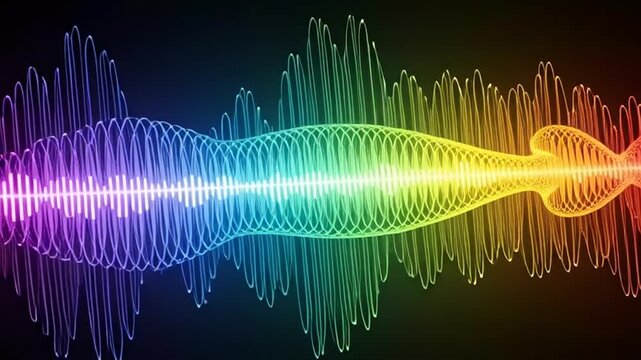 Vibrant rainbow-colored sound wave illustration glows brightly on a dark background