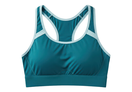 Teal sports bra with white accents and racerback design isolated on transparent background