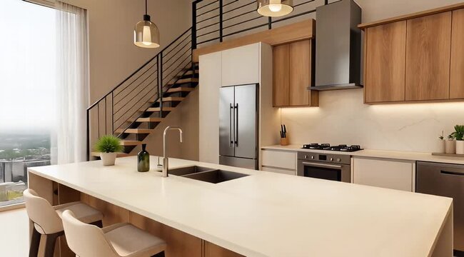 Bright modern kitchen with large island, bar seating, and stainless steel appliances in a stylish contemporary home.