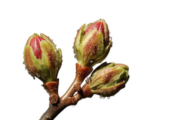 Flower buds opening on a branch preparing for spring bloom with water droplets, transparent background