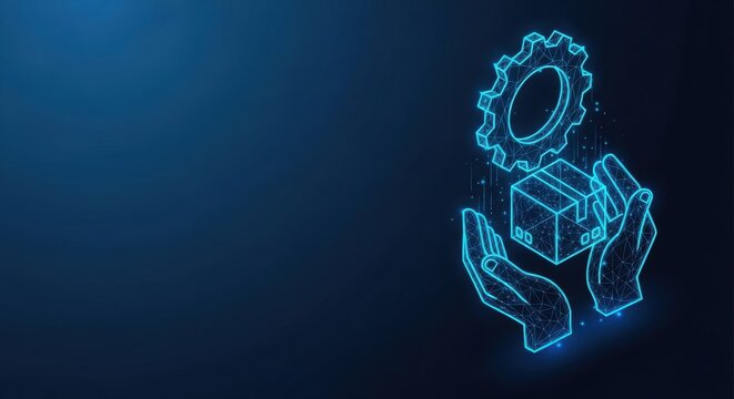 Abstract digital blueprint of a hand holding a gear and box symbolizing technology and industry
