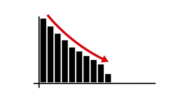 Business down arrow and graph chart animation isolated on black background