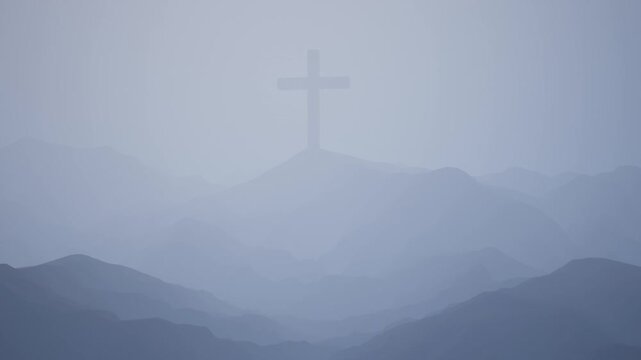 Serene cinematic landscape showing a single crucifix emerging from heavy atmospheric fog, perfect for Lenten reflection and Christian worship visuals