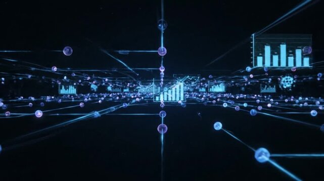 Digital network visualization with glowing blue nodes and lines, displaying various graphs and charts on a dark background with a futuristic and technological mood.