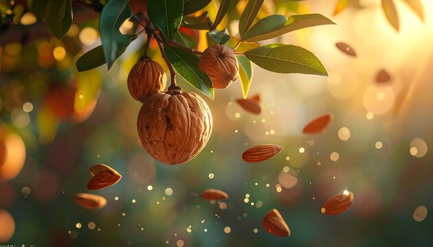 Walnuts hang from a tree branch as almonds fall amidst bokeh lights under a warm, sunny, autumnal sky