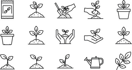 Obraz premium Plant growth and gardening line icons collection, vector illustration