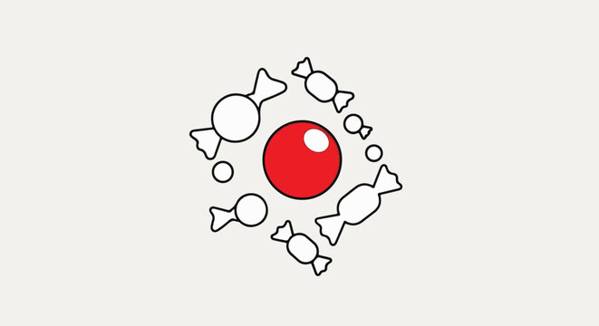 A red ball surrounded by wrapped candies and small circles