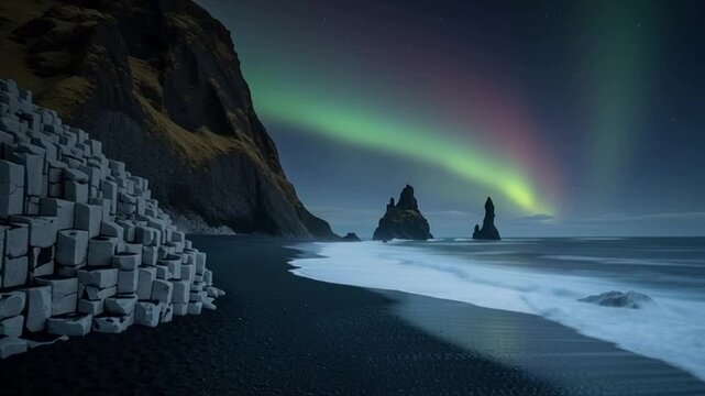 Aurora borealis shining over black sand beach with basalt columns at night