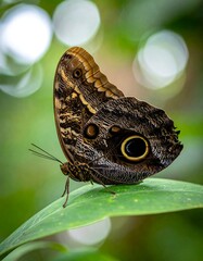 Fototapeta premium A stunning butterfly rests on a vibrant green leaf, showcasing intricate patterns against a soft, blurred background