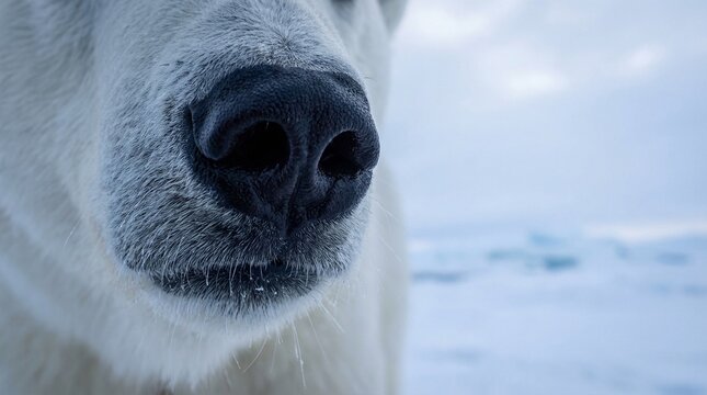 Extreme macro close-up of a polar bear's wet nose and whiskers in the arctic snow.