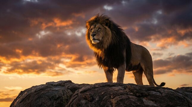 Majestic male African lion standing proudly on a rock during a dramatic golden hour sunset.