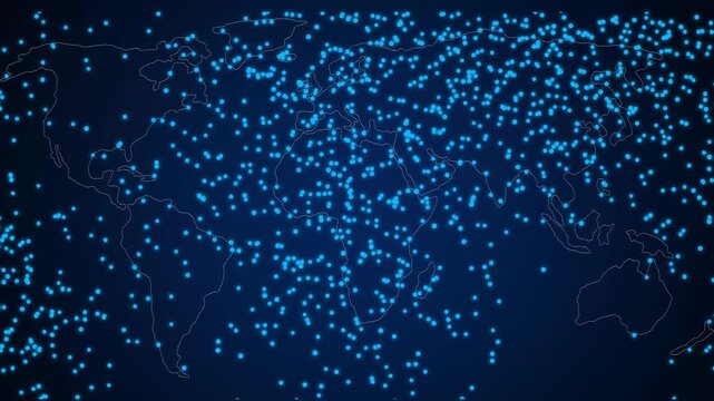 World map on a black background with sparkling particles on the surface4k loop of rotating glowing dots stylised world globe with orbits
