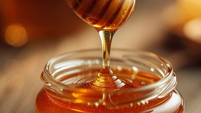 Thick golden honey dripping from a wooden honey dipper into a glass jar in close up