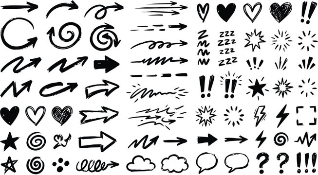 Hand Drawn Doodle Arrows and Symbols Set, Brush Stroke Arrows, Hearts, Stars, ZZZ Sleep Marks, Comic Emphasis Elements Collection.eps