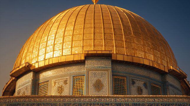 Close up view of the dome of the rock showing the intricate details and golden dome against blue sky