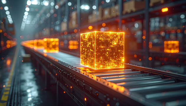 Automated warehouse conveyor system transporting glowing packages through a dimly lit industrial facility at high speed from a low angle viewpoint