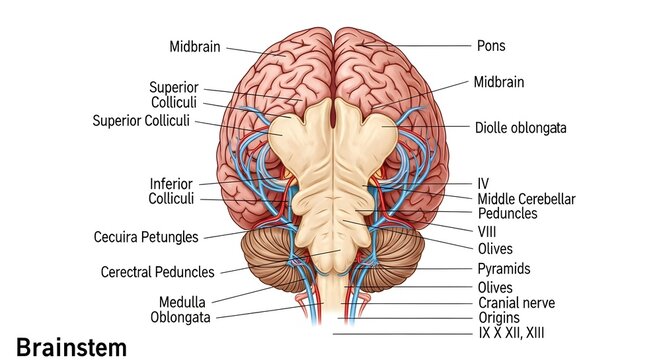 High detailed anatomical illustration of human brainstem and overlying cerebrum, ventral view labeling midbrain, pons, medulla oblongata, cerebral peduncles, colliculi, cranial nerves and associated v