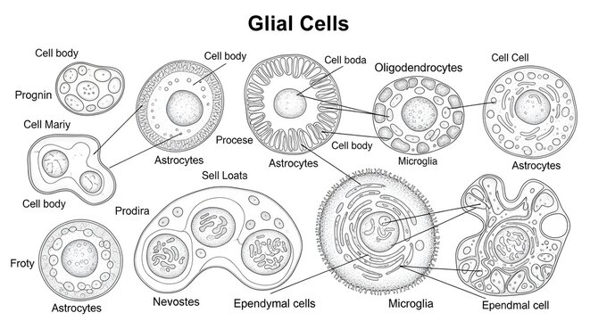 High detailed anatomical illustration of central nervous system glial cells, comparing astrocytes, oligodendrocytes, microglia and ependymal cells in multiple views to explain support, myelination, de