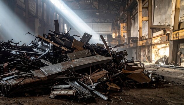 A large, haphazard pile of salvaged metal scraps twisted and bent within a dimly lit industrial warehouse interior, illuminated by dramatic shafts of sunlight.