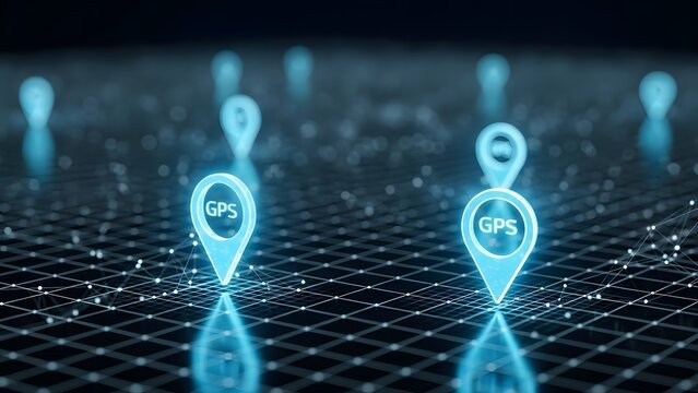 GPS location pins on a digital grid map. Global navigation and tracking technology. Glowing blue map markers standing on a dark geometric floor with network connections