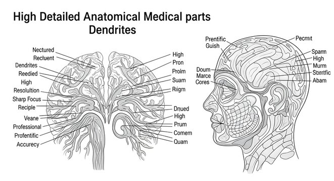 High detailed anatomical medical illustration of dendritic nerve branching and human head profile, combining brain dendrite network with labeled facial nerve distribution zones for neuroanatomy, derma