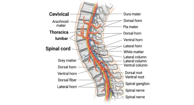 High detailed anatomical illustration of spinal cord in longitudinal section, labeling gray horns, white columns, dorsal and ventral roots, spinal ganglia, meninges and segmental blood vessels for neu