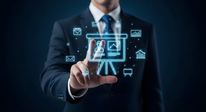 Businessman interacting with a holographic presentation board surrounded by various business and communication icons