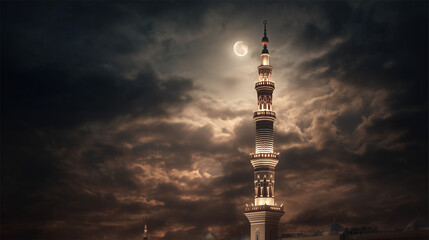 Fototapeta premium Illuminated minaret against a dramatic night sky with a full moon shining through dark clouds above it