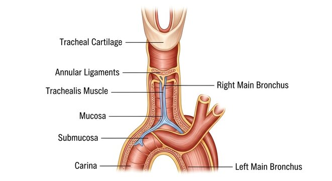 High detailed anatomical illustration of distal trachea and carina, showing tracheal cartilage, annular ligaments, trachealis muscle, mucosa, submucosa and origin of right and left main bronchi for re