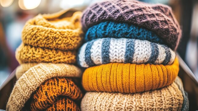 Neatly Stacked Bundle of Warm Knitted Winter Accessories in Various Colors
