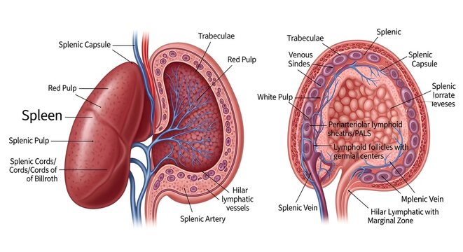 High detailed anatomical illustration of spleen, external and cut‑section views showing splenic capsule, trabeculae, red pulp, white pulp, splenic cords, sinusoids, hilum and splenic artery and vein f