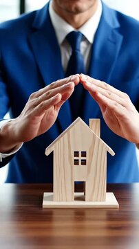 A Professional in a Blue Suit Showcases a Wooden House Model, Symbolizing Real Estate Investment and Protection in a Modern Office Setting