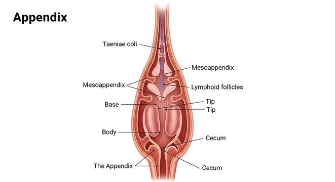 High detailed anatomical illustration of the vermiform appendix in longitudinal section, showing base, body, tip, mesoappendix, lymphoid follicles and connection to cecum for surgical anatomy and path