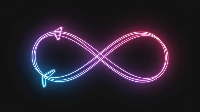 Neon infinity symbol glows brightly on dark background with colorful lights.
