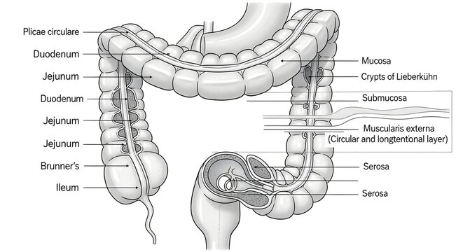High detailed anatomical grayscale illustration of duodenum, jejunum and ileum with mucosa, submucosa, muscularis externa, serosa, plicae circulares and crypts of Lieberk&uuml;hn for small intestinal struc