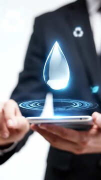 A Professional Businessman Interacting with a Mobile Device, Featuring a Digital Water Droplet Animation Overlaid on the Screen, Representing Innovation and Technology in Communication