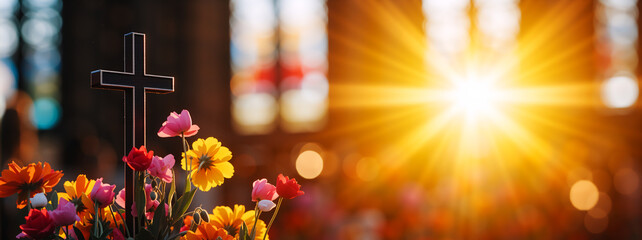 Fototapeta premium Silhouette of a cross among flowers with a sunburst. Easter resurrection backdrop banner