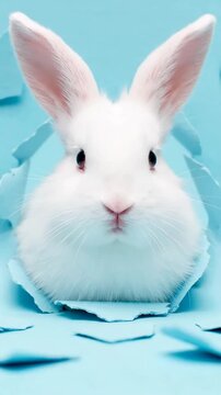 A Curious Rabbit Emerges from a Torn Blue Background, Showcasing the Intriguing Contrast of White Fur Against the Soft Blue Canvas, Evoking a Sense of Wonder and Discovery