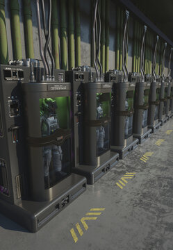 Future Soldiers Held in Suspended Animation inside Cryo Tubes, 3d digitally rendered science fiction illustration