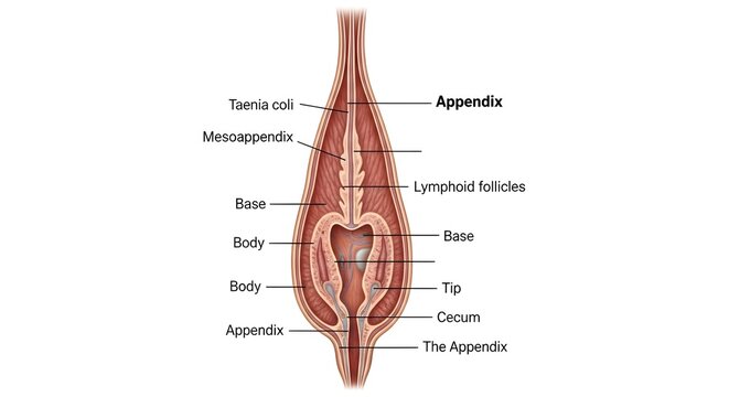 High detailed anatomical illustration of vermiform appendix in longitudinal section, labeling mucosa, lymphoid follicles, lumen, base, body, tip, mesoappendix and connection to cecum for surgical anat