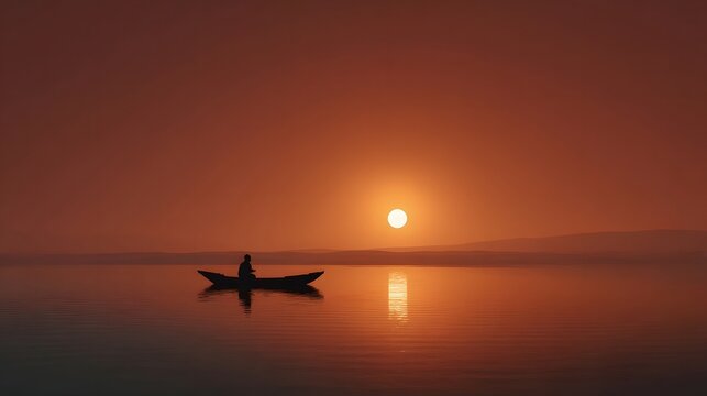 Silhouette of a lone person in a boat on a calm lake during a vibrant sunset with the sun s reflection shimmering on the water
