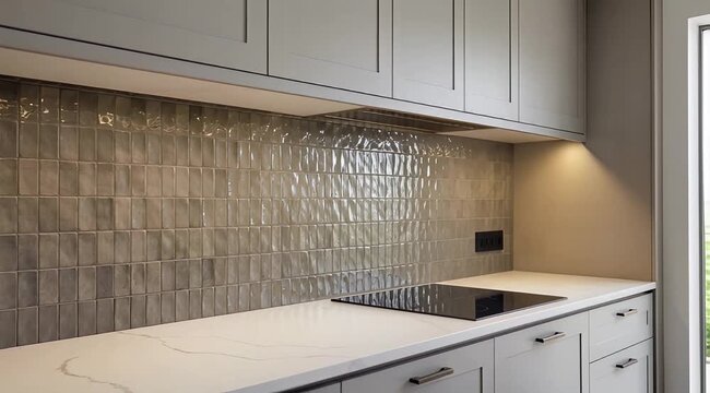 Sleek modern kitchen with grey tile backsplash and clean white countertops.
