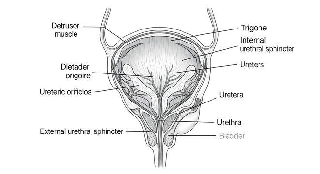 High detailed line drawing of urinary bladder and urethra, frontal section labeling detrusor muscle, trigone, ureteric orifices, internal and external urethral sphincters, ureters and urethral channel